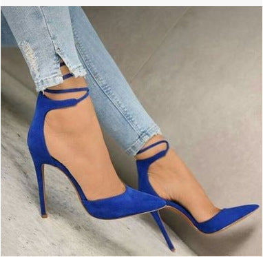 Pointed sexy hollow fashion rivet one-line high heel sandals plus size Ooho