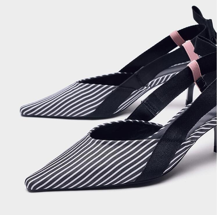 Boussac Stripe Kitten Heel Women Mules Pointed Toe Bowtie Women Sandals High Heels Summer Slip on Shoes Women SWC0112 Ooho