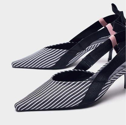 Boussac Stripe Kitten Heel Women Mules Pointed Toe Bowtie Women Sandals High Heels Summer Slip on Shoes Women SWC0112 Ooho