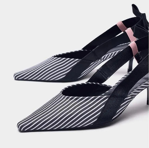 Boussac Stripe Kitten Heel Women Mules Pointed Toe Bowtie Women Sandals High Heels Summer Slip on Shoes Women SWC0112 Ooho