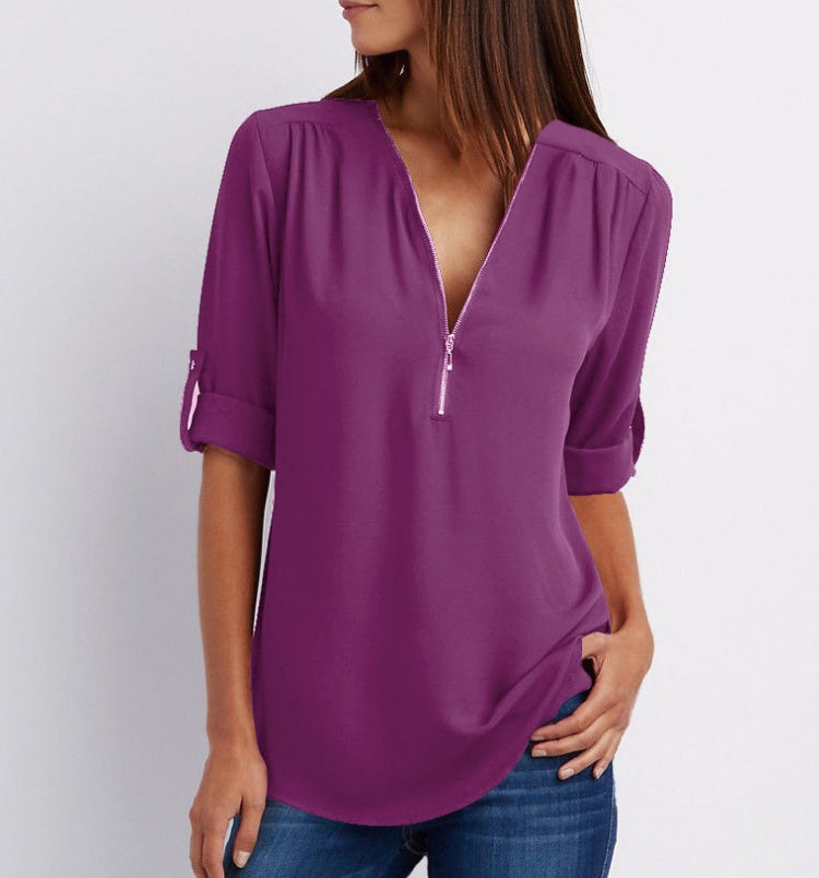 Zip V-neck Shirts Women Short Sleeve Loose Tops Ooho