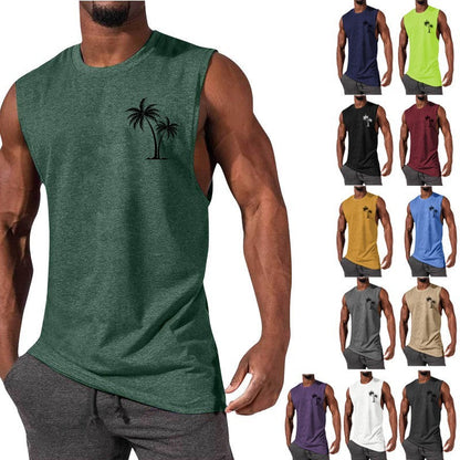 Coconut Tree Embroidery Vest Summer Beach Tank Tops Workout Muscle Men Sports Fitness T-shirt Ooho