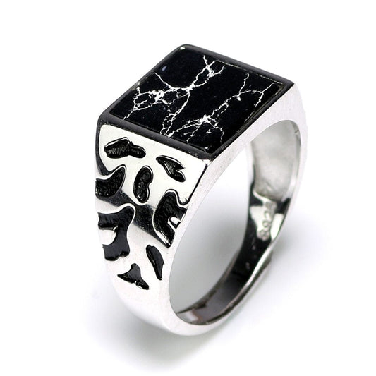 925 Sterling Silver Vintage Men's Rings Adjustable Square Black Stone Flower Pattern Design Male Turkey Jewelry Ooho