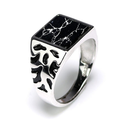 925 Sterling Silver Vintage Men's Rings Adjustable Square Black Stone Flower Pattern Design Male Turkey Jewelry Ooho