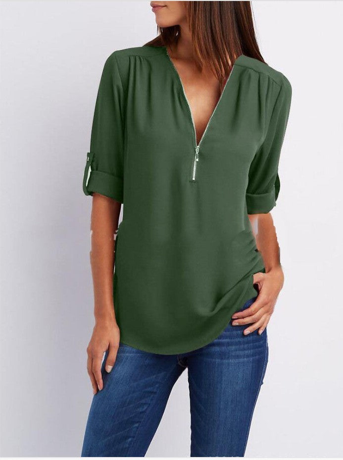 Zip V-neck Shirts Women Short Sleeve Loose Tops Ooho