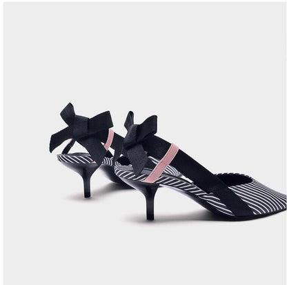 Boussac Stripe Kitten Heel Women Mules Pointed Toe Bowtie Women Sandals High Heels Summer Slip on Shoes Women SWC0112 Ooho