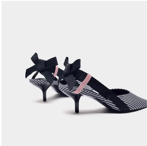 Boussac Stripe Kitten Heel Women Mules Pointed Toe Bowtie Women Sandals High Heels Summer Slip on Shoes Women SWC0112 Ooho