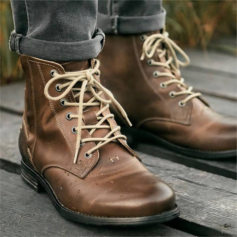 Men Cowboy Boots Retro Lace-up Martin Boot Round Toe Low Heel Shoes Ooho
