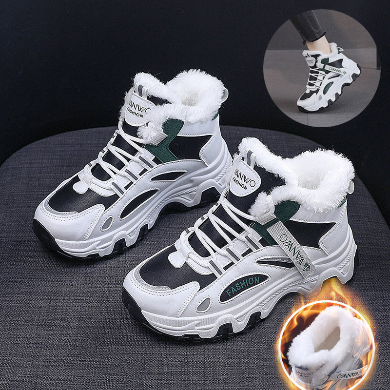 Fashion Black White Lace-up Sneakers Winter Warm All-match Plush Shoes Women Plus Velvet Fleece Flat High-top Sports Shoes Ooho