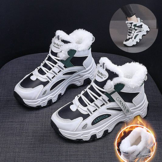 Fashion Black White Lace-up Sneakers Winter Warm All-match Plush Shoes Women Plus Velvet Fleece Flat High-top Sports Shoes Ooho