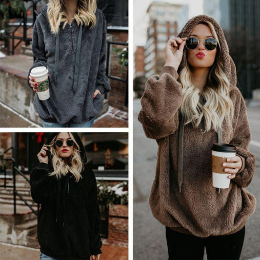 Women's Polerones Fleece Hoodies Long Sleeve Hooded Pullover Sweatshirt Autumn Winter Warm Zipper Pocket Coat Female Sweatshirt Ooho