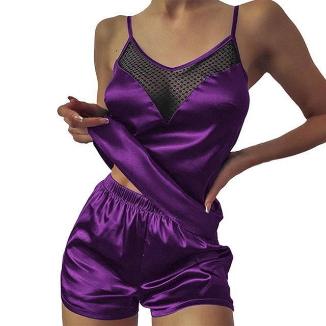 Satin Pajamas  Lace Pijama Nightie Sleepwear Home Clothes Tops And Shorts Women's Silk Pajamas Solid Color Pajama Set Ooho