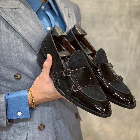 Black Buckle Monk Shoes Leather Low-Cut Loafer Cover Foot Lazy Pointy Pedal Leather Shoes Men Ooho