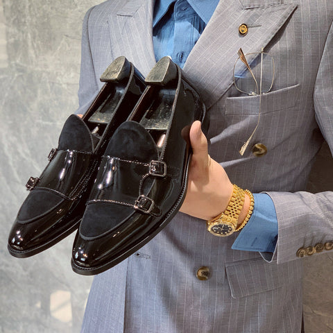 Black Buckle Monk Shoes Leather Low-Cut Loafer Cover Foot Lazy Pointy Pedal Leather Shoes Men Ooho