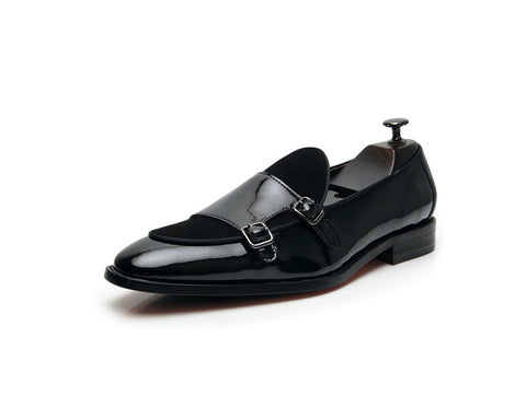 Black Buckle Monk Shoes Leather Low-Cut Loafer Cover Foot Lazy Pointy Pedal Leather Shoes Men Ooho