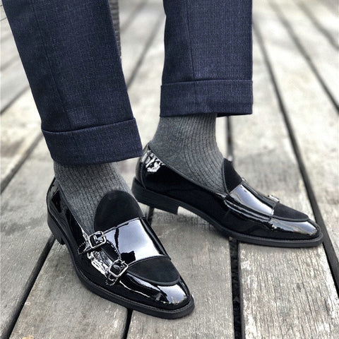 Black Buckle Monk Shoes Leather Low-Cut Loafer Cover Foot Lazy Pointy Pedal Leather Shoes Men Ooho