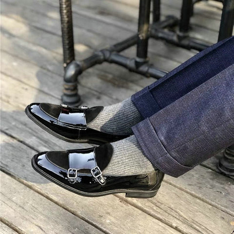 Black Buckle Monk Shoes Leather Low-Cut Loafer Cover Foot Lazy Pointy Pedal Leather Shoes Men Ooho
