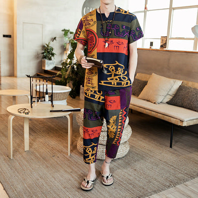 INCERUN Men Sets Vintage Ethnic Printed Retro Short Sleeve T Shirt Casual Pants Loose Streetwear Men Clothes 2 Pieces Plus Size Ooho