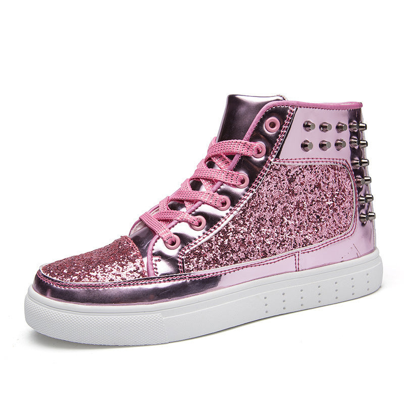 Women High Top Sneakers Sequins Rivet Lurex Glitter High-Cut Round Toe Lace-Up Shoes Outdoor Skateboard Shiny Flat Sneakers Ooho