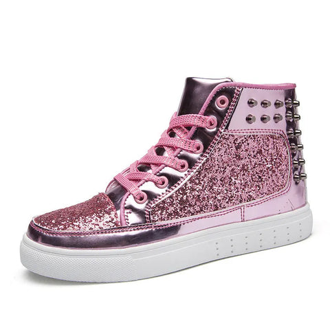 Women High Top Sneakers Sequins Rivet Lurex Glitter High-Cut Round Toe Lace-Up Shoes Outdoor Skateboard Shiny Flat Sneakers Ooho