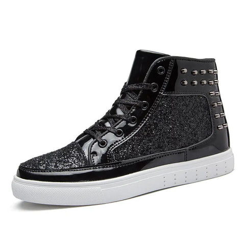 Women High Top Sneakers Sequins Rivet Lurex Glitter High-Cut Round Toe Lace-Up Shoes Outdoor Skateboard Shiny Flat Sneakers Ooho