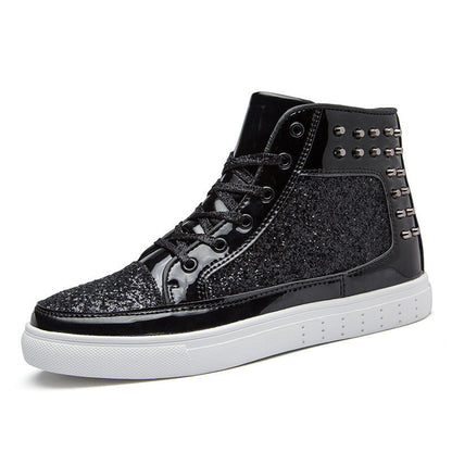 Women High Top Sneakers Sequins Rivet Lurex Glitter High-Cut Round Toe Lace-Up Shoes Outdoor Skateboard Shiny Flat Sneakers Ooho