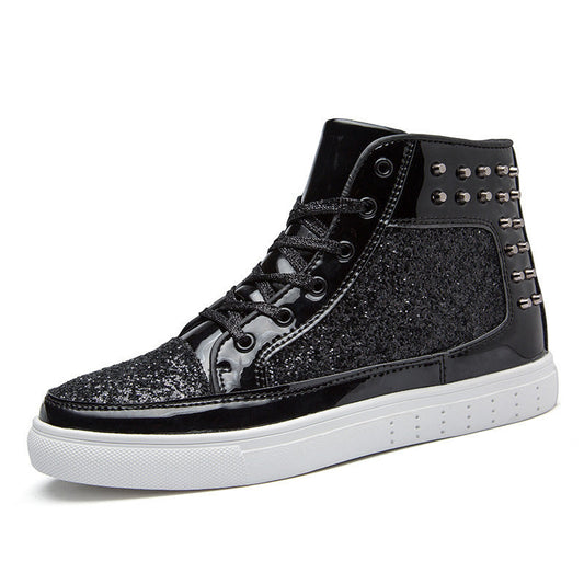 Women High Top Sneakers Sequins Rivet Lurex Glitter High-Cut Round Toe Lace-Up Shoes Outdoor Skateboard Shiny Flat Sneakers Ooho
