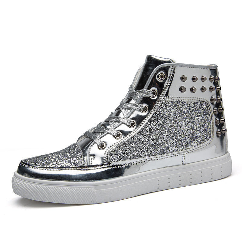 Women High Top Sneakers Sequins Rivet Lurex Glitter High-Cut Round Toe Lace-Up Shoes Outdoor Skateboard Shiny Flat Sneakers Ooho