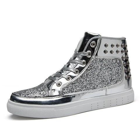 Women High Top Sneakers Sequins Rivet Lurex Glitter High-Cut Round Toe Lace-Up Shoes Outdoor Skateboard Shiny Flat Sneakers Ooho