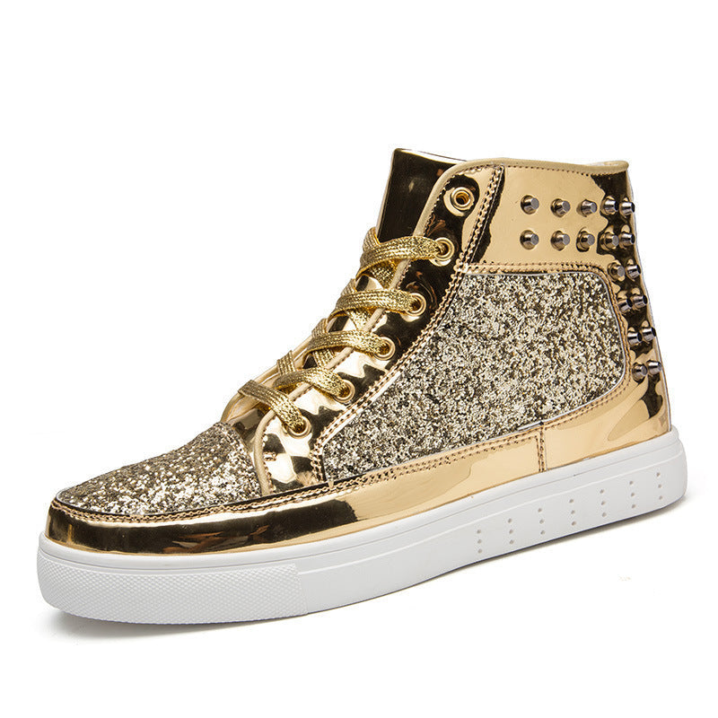 Women High Top Sneakers Sequins Rivet Lurex Glitter High-Cut Round Toe Lace-Up Shoes Outdoor Skateboard Shiny Flat Sneakers Ooho