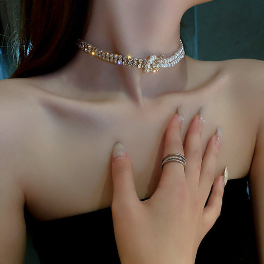 Pearl Crystal Choker Necklaces For Women Short Chain Rhinestone Necklaces Statement Jewelry Ooho