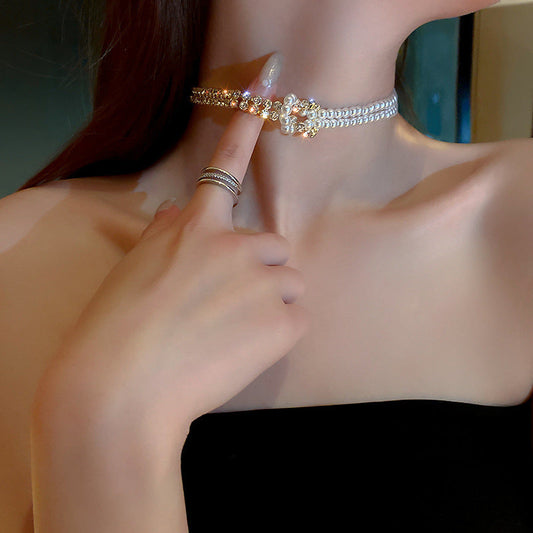 Pearl Crystal Choker Necklaces For Women Short Chain Rhinestone Necklaces Statement Jewelry Ooho