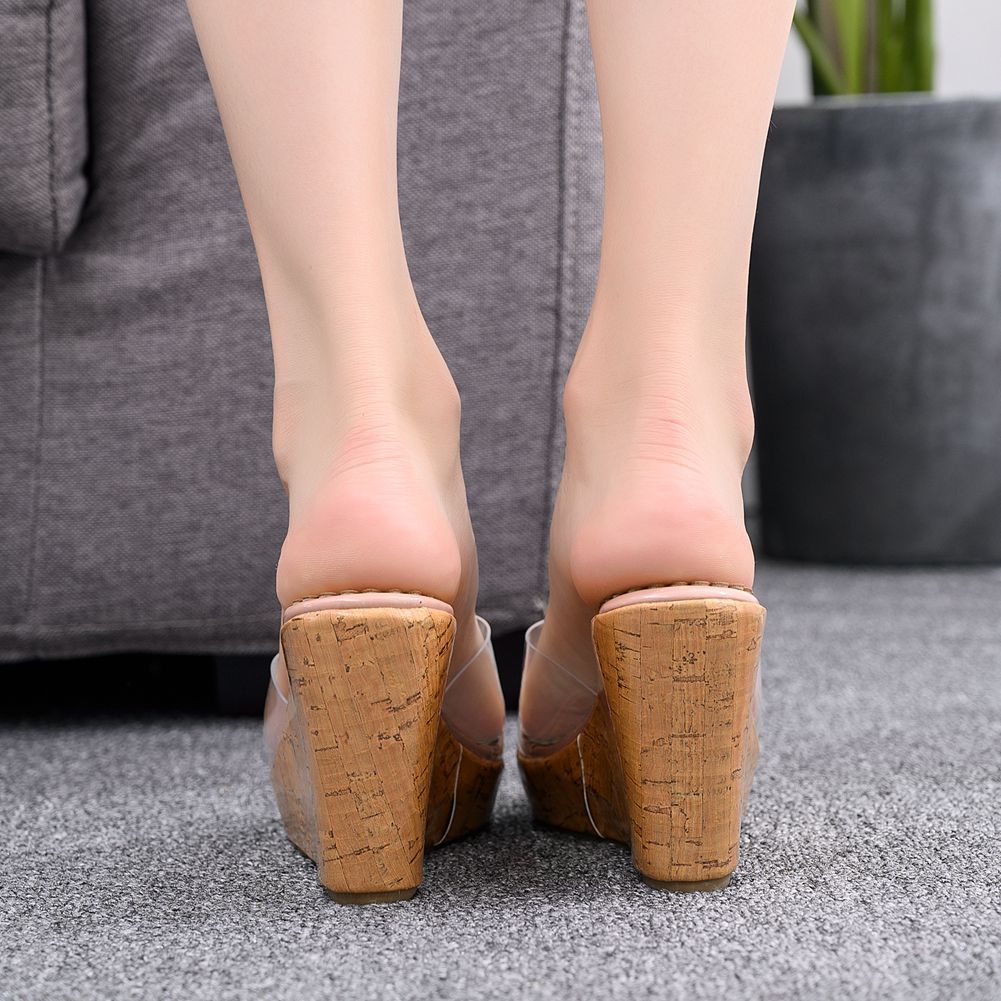 Transparent Nude Color Fish Mouth Sandals Round Toe Wedge Sandals Wedge Slippers Ooho