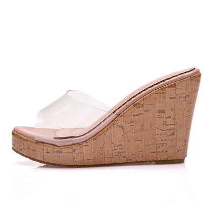 Transparent Nude Color Fish Mouth Sandals Round Toe Wedge Sandals Wedge Slippers Ooho