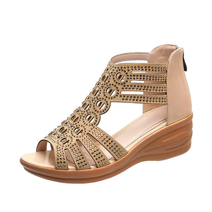 Woman Sandals Women Cyrstal Comfortable Pumps Ladies Fashion Wedges Female Rome Bling Hollow Out Shoes Women's Zip Footwear Ooho