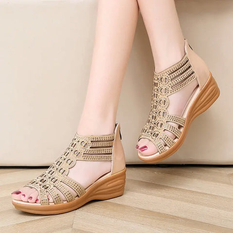 Woman Sandals Women Cyrstal Comfortable Pumps Ladies Fashion Wedges Female Rome Bling Hollow Out Shoes Women's Zip Footwear Ooho