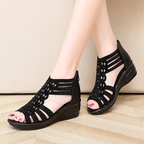 Woman Sandals Women Cyrstal Comfortable Pumps Ladies Fashion Wedges Female Rome Bling Hollow Out Shoes Women's Zip Footwear Ooho