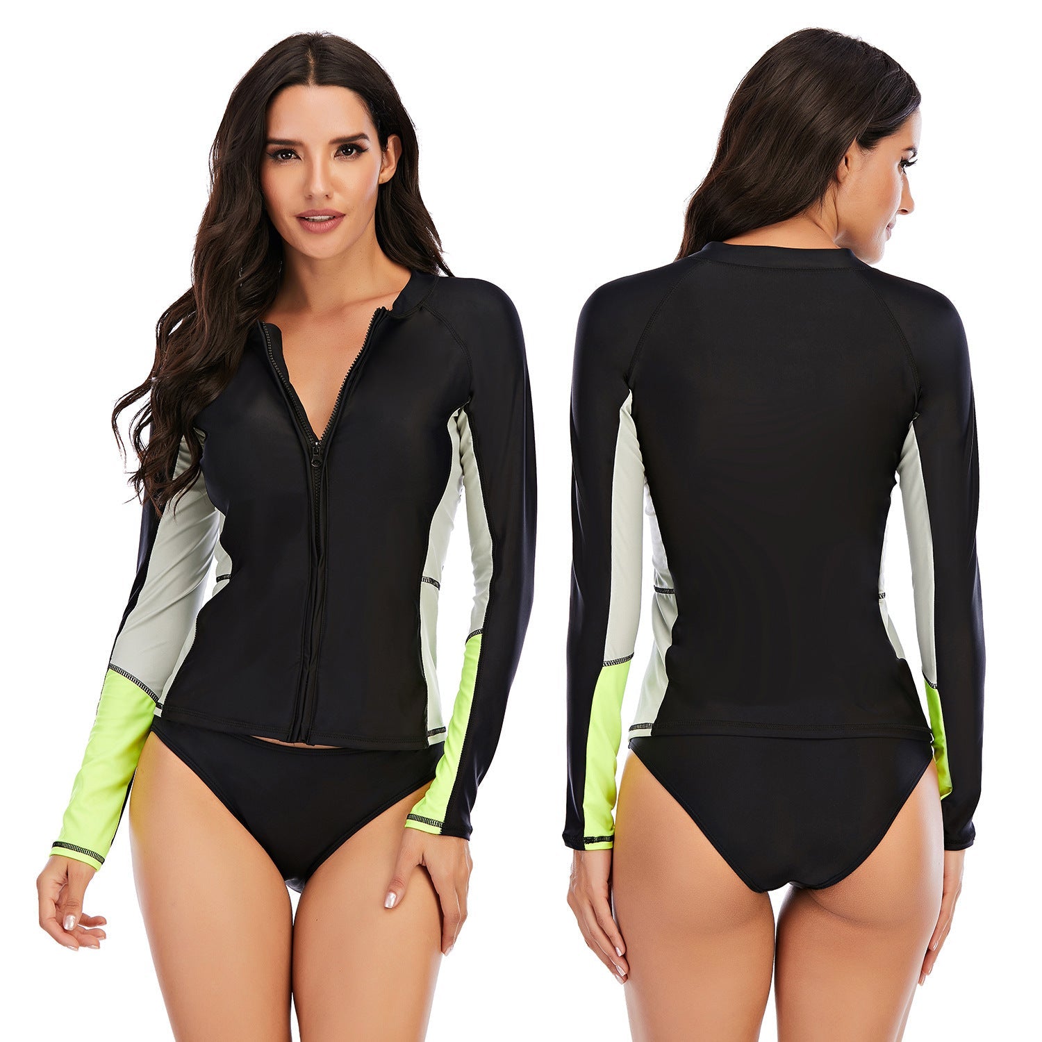 Swimsuit Long-Sleeve Tankini-Set Rash-Guard Surfing Sun-Protection Zipper Two-Piece Womens Ooho