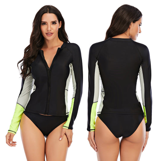 Swimsuit Long-Sleeve Tankini-Set Rash-Guard Surfing Sun-Protection Zipper Two-Piece Womens Ooho