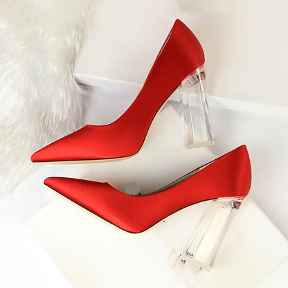 Womens Pumps Shoes Stiletto Satin  Transparent Block High Heels Ooho