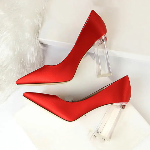 Womens Pumps Shoes Stiletto Satin  Transparent Block High Heels Ooho