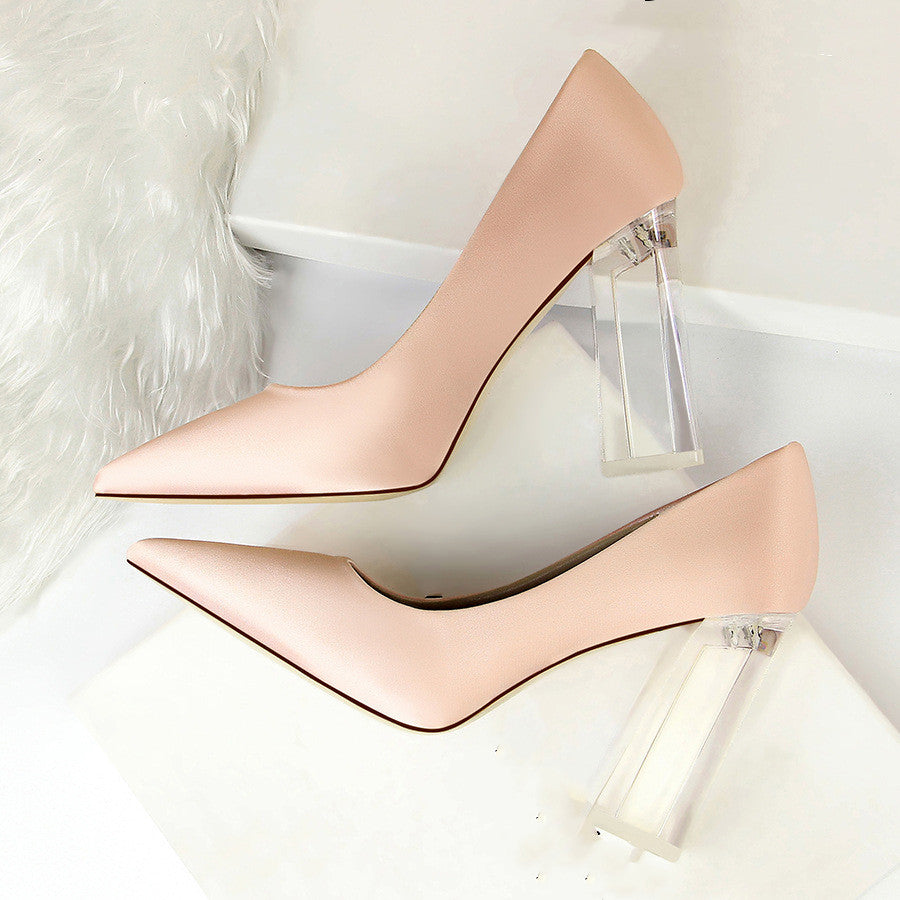 Womens Pumps Shoes Stiletto Satin  Transparent Block High Heels Ooho