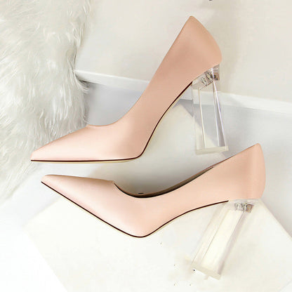 Womens Pumps Shoes Stiletto Satin  Transparent Block High Heels Ooho