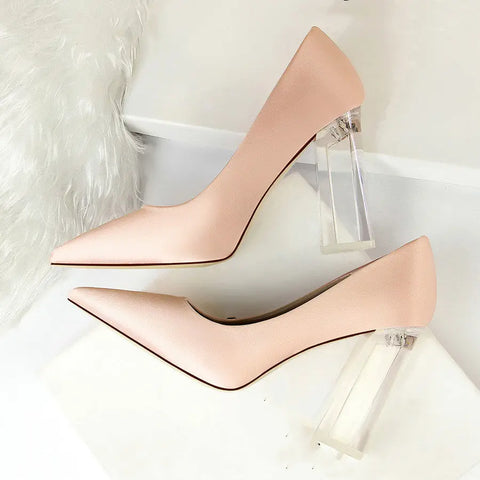 Womens Pumps Shoes Stiletto Satin  Transparent Block High Heels Ooho