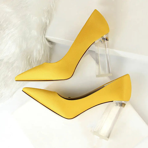 Womens Pumps Shoes Stiletto Satin  Transparent Block High Heels Ooho