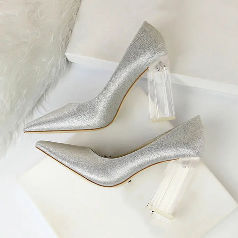Womens Pumps Shoes Stiletto Satin  Transparent Block High Heels Ooho
