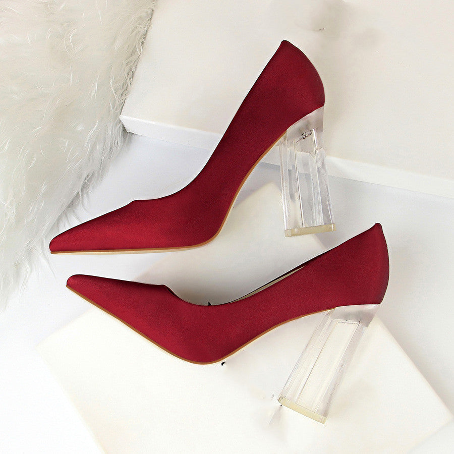 Womens Pumps Shoes Stiletto Satin  Transparent Block High Heels Ooho