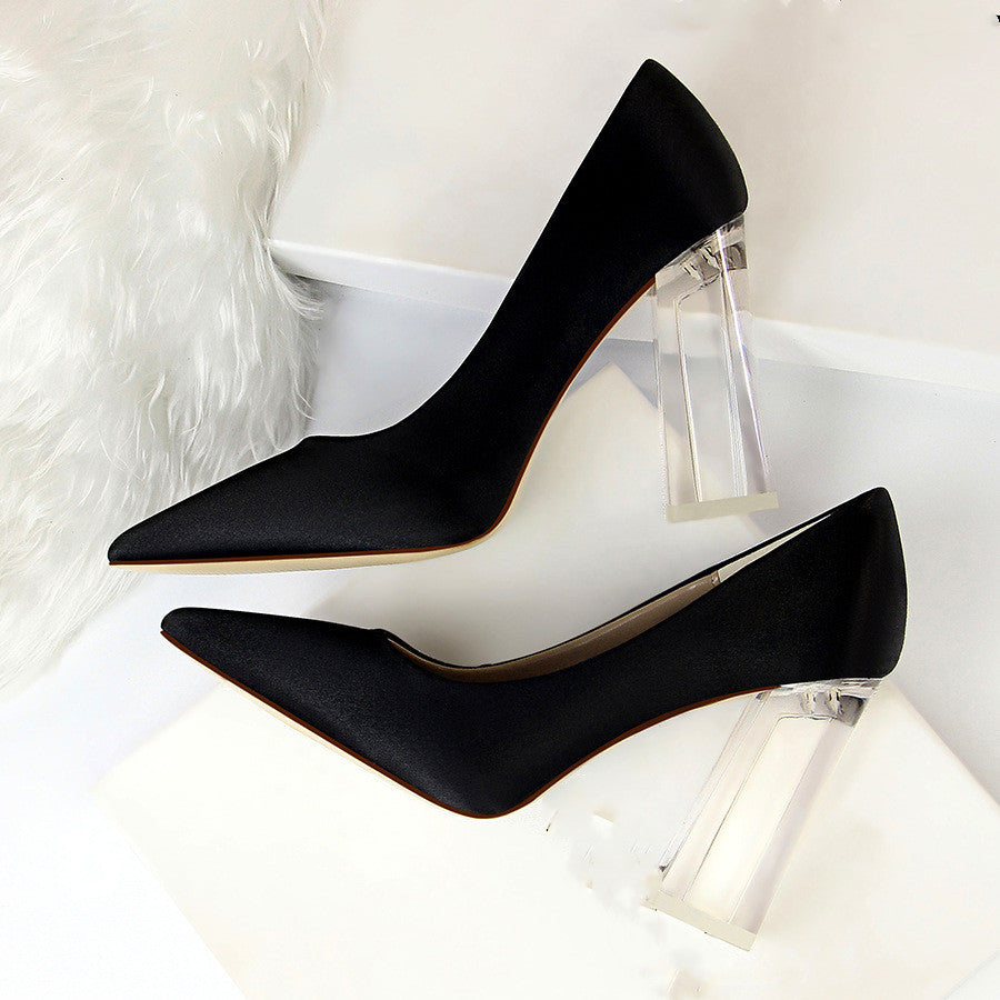 Womens Pumps Shoes Stiletto Satin  Transparent Block High Heels Ooho