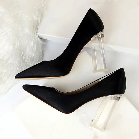 Womens Pumps Shoes Stiletto Satin  Transparent Block High Heels Ooho