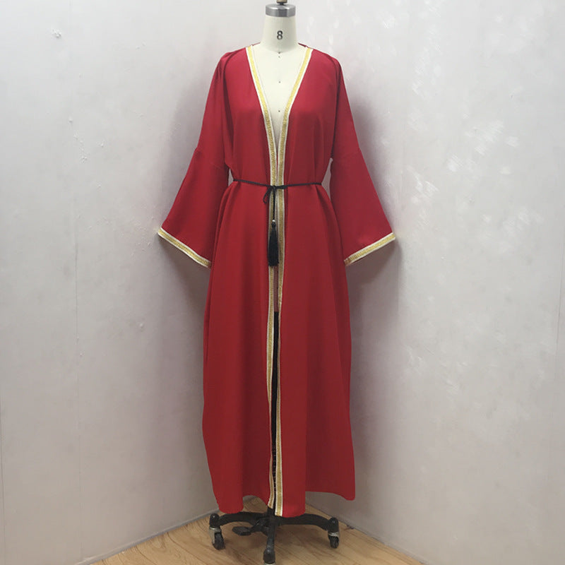 Muslim Long Skirt Female Color Ribbon Cardigan Robe Ooho